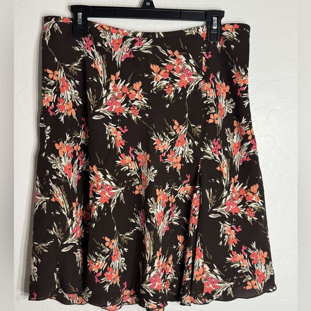 Ann Taylor Loft Petites 12P 100% Silk Floral Midi Skirt Brown Pink Lined